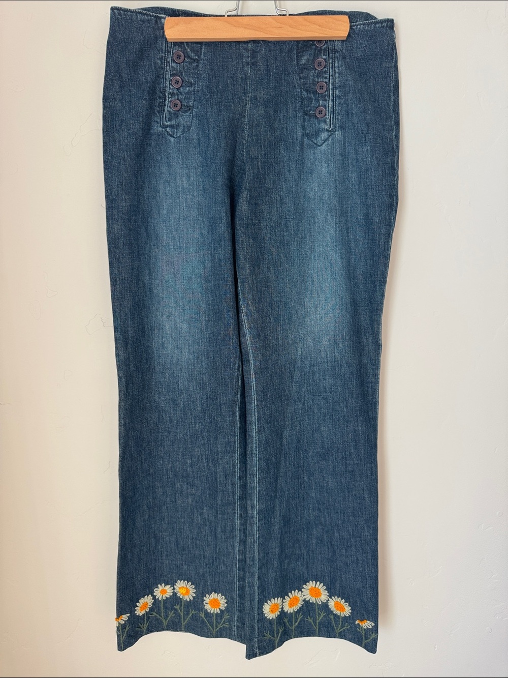 Embroideredβ Daisy Halogen Wide Leg Statement Jeans Sailor Button Denim Pants 10